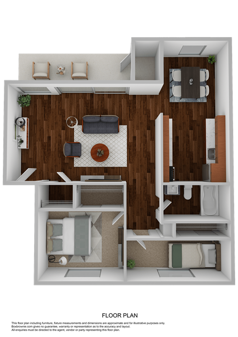 Floor plan for 2 beds, 1 bath, 805 sqft